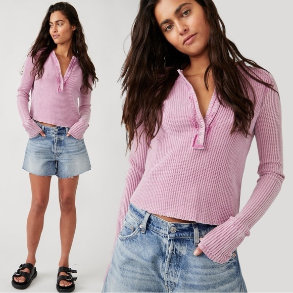 Free People FP One Colt Thermal in Bubble Tea Lavender Henley Plunge Grunge XS - Picture 3 of 17